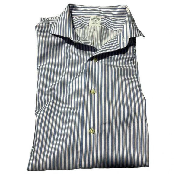 Brooks Brothers Dress Shirt Mens 17-6/7 Blue Pink White Stripe Regent Button Up - Picture 9 of 10
